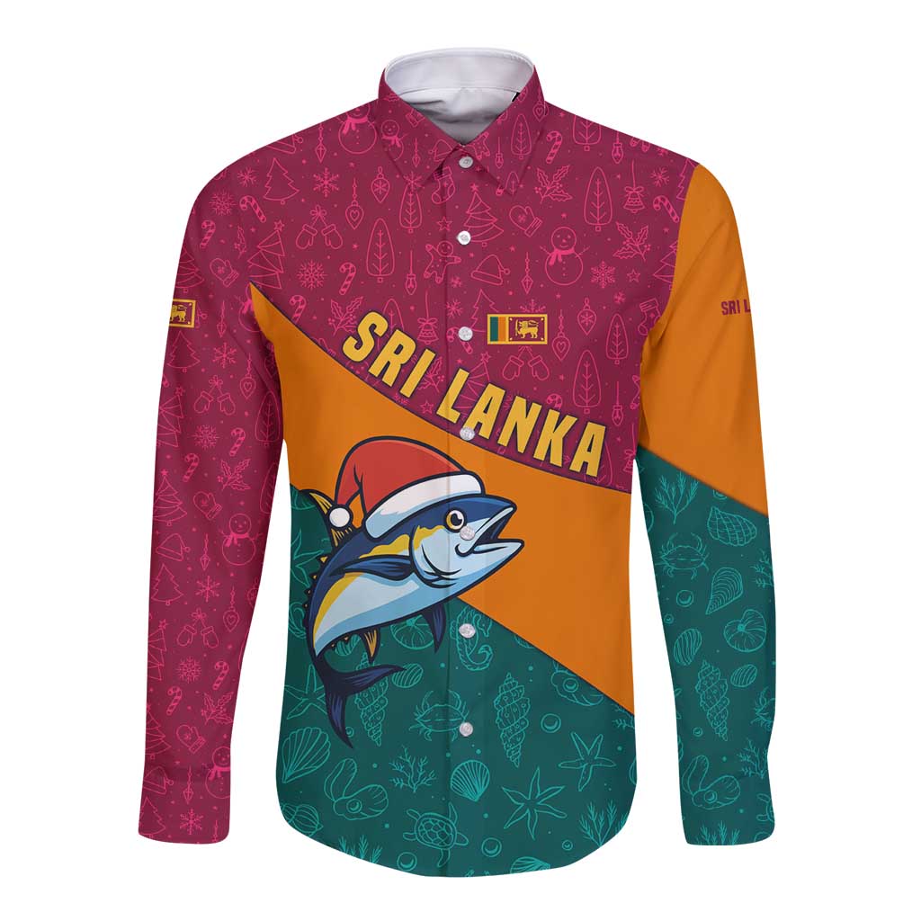 Sri Lanka Christmas Long Sleeve Button Shirt with Santa Hat Fish Ocean Icons and Tri Color Festive Design - Wonder Print Shop