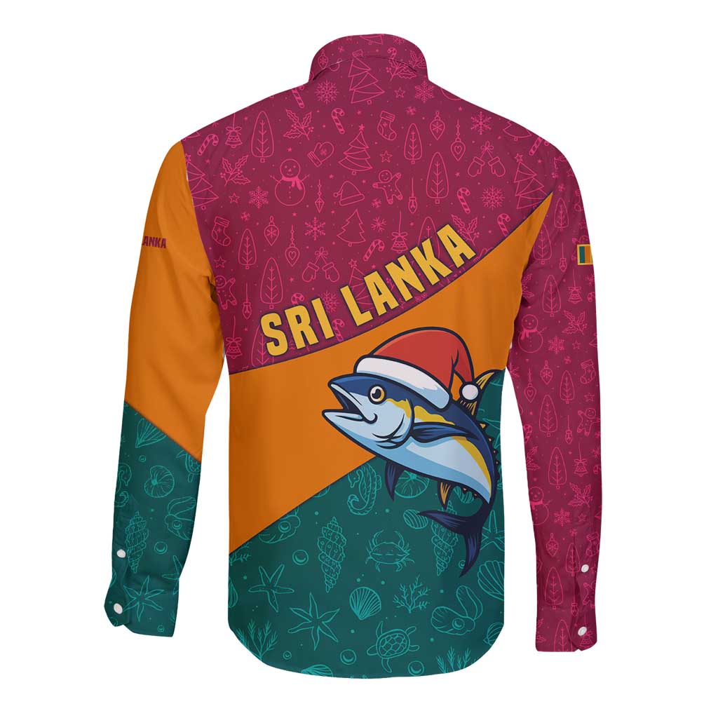 Sri Lanka Christmas Long Sleeve Button Shirt with Santa Hat Fish Ocean Icons and Tri Color Festive Design - Wonder Print Shop