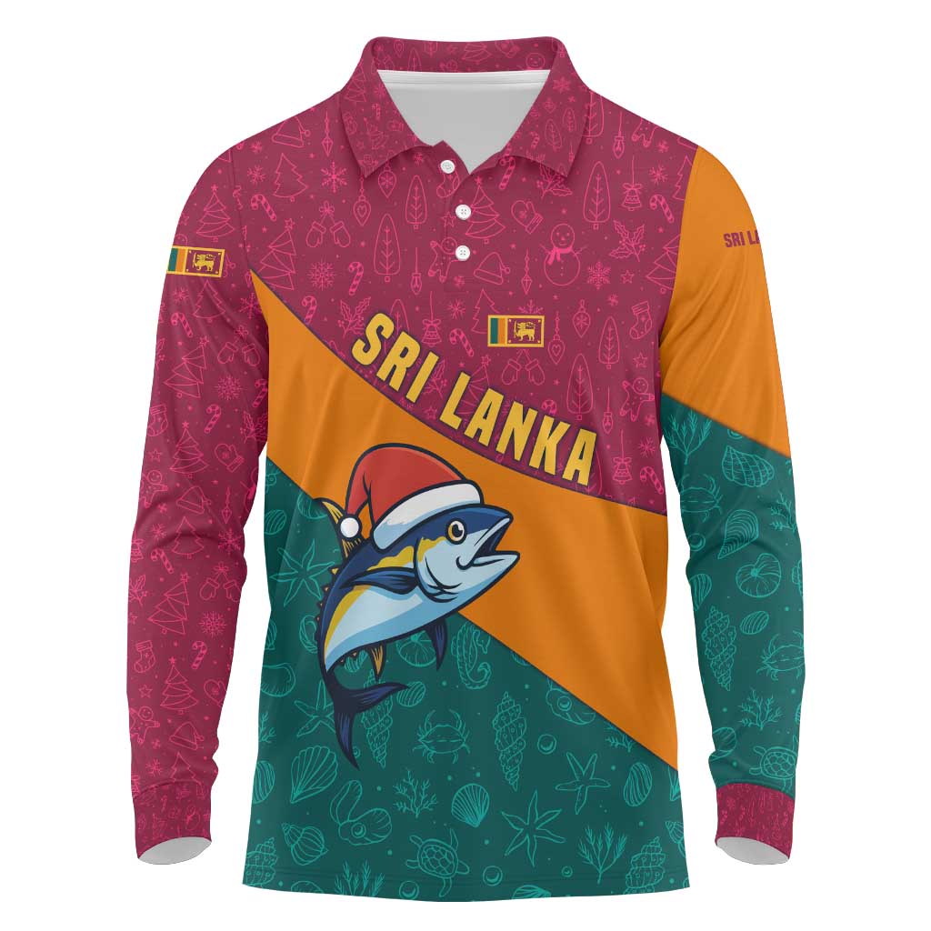 Sri Lanka Christmas Long Sleeve Polo Shirt with Santa Hat Fish Ocean Icons and Tri Color Festive Design - Wonder Print Shop