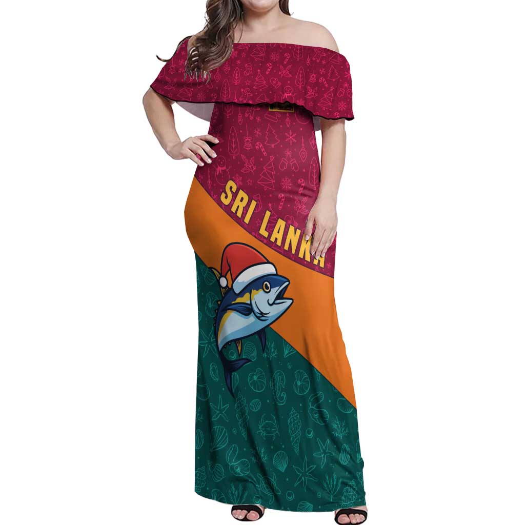 Sri Lanka Christmas Off Shoulder Maxi Dress with Santa Hat Fish Ocean Icons and Tri Color Festive Design - Wonder Print Shop