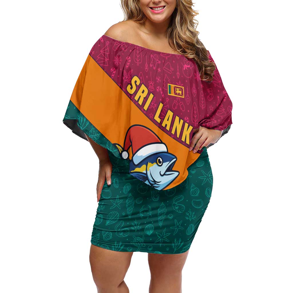 Sri Lanka Christmas Off Shoulder Short Dress with Santa Hat Fish Ocean Icons and Tri Color Festive Design - Wonder Print Shop