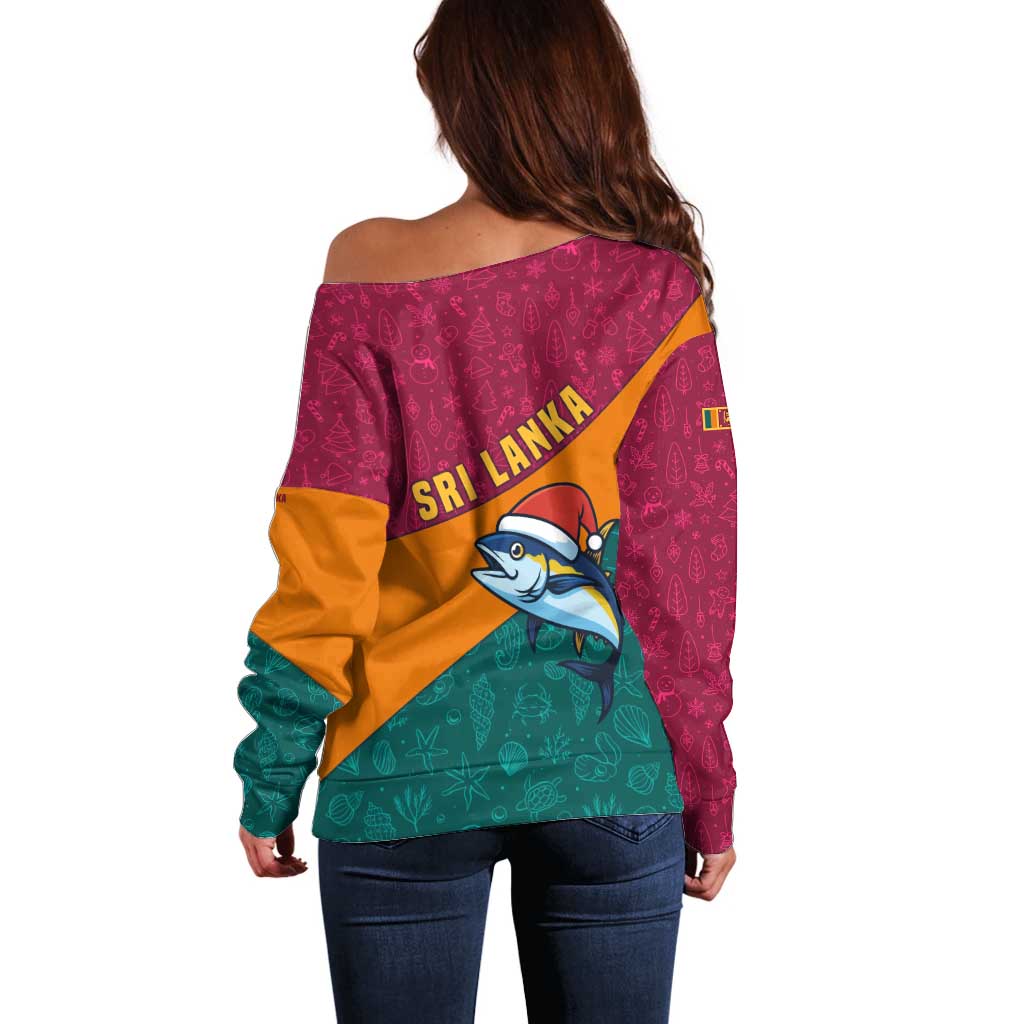 Sri Lanka Christmas Off Shoulder Sweater with Santa Hat Fish Ocean Icons and Tri Color Festive Design - Wonder Print Shop