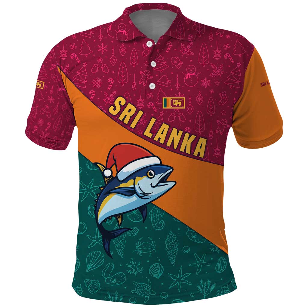 Sri Lanka Christmas Polo Shirt with Santa Hat Fish Ocean Icons and Tri Color Festive Design - Wonder Print Shop