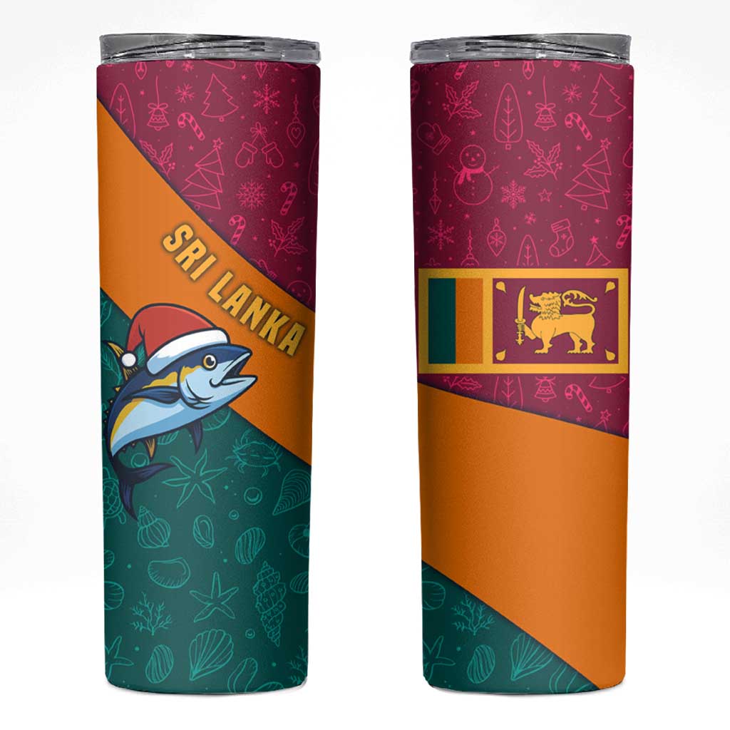 Sri Lanka Christmas Skinny Tumbler with Santa Hat Fish Ocean Icons and Tri Color Festive Design - Wonder Print Shop