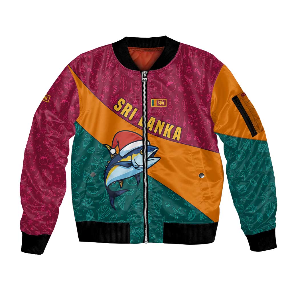 Sri Lanka Christmas Sleeve Zip Bomber Jacket with Santa Hat Fish Ocean Icons and Tri Color Festive Design - Wonder Print Shop