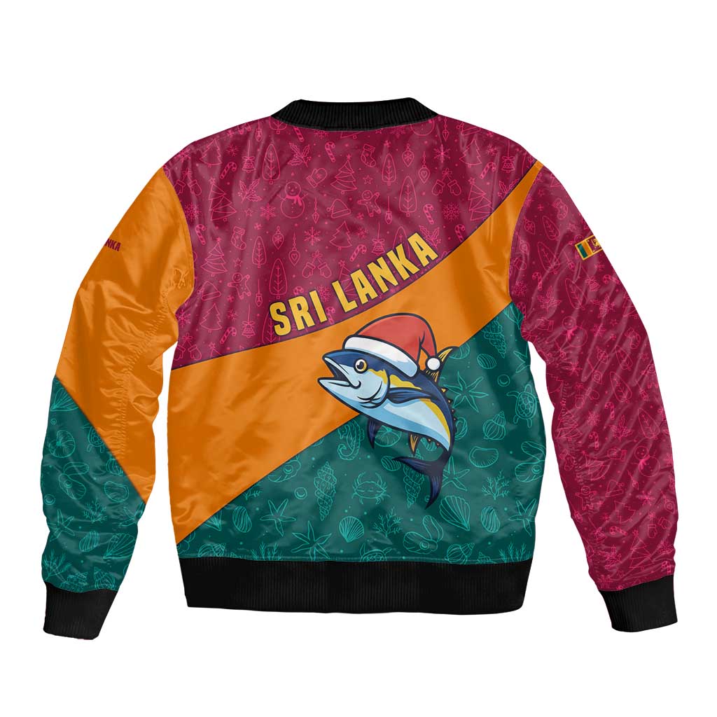 Sri Lanka Christmas Sleeve Zip Bomber Jacket with Santa Hat Fish Ocean Icons and Tri Color Festive Design - Wonder Print Shop