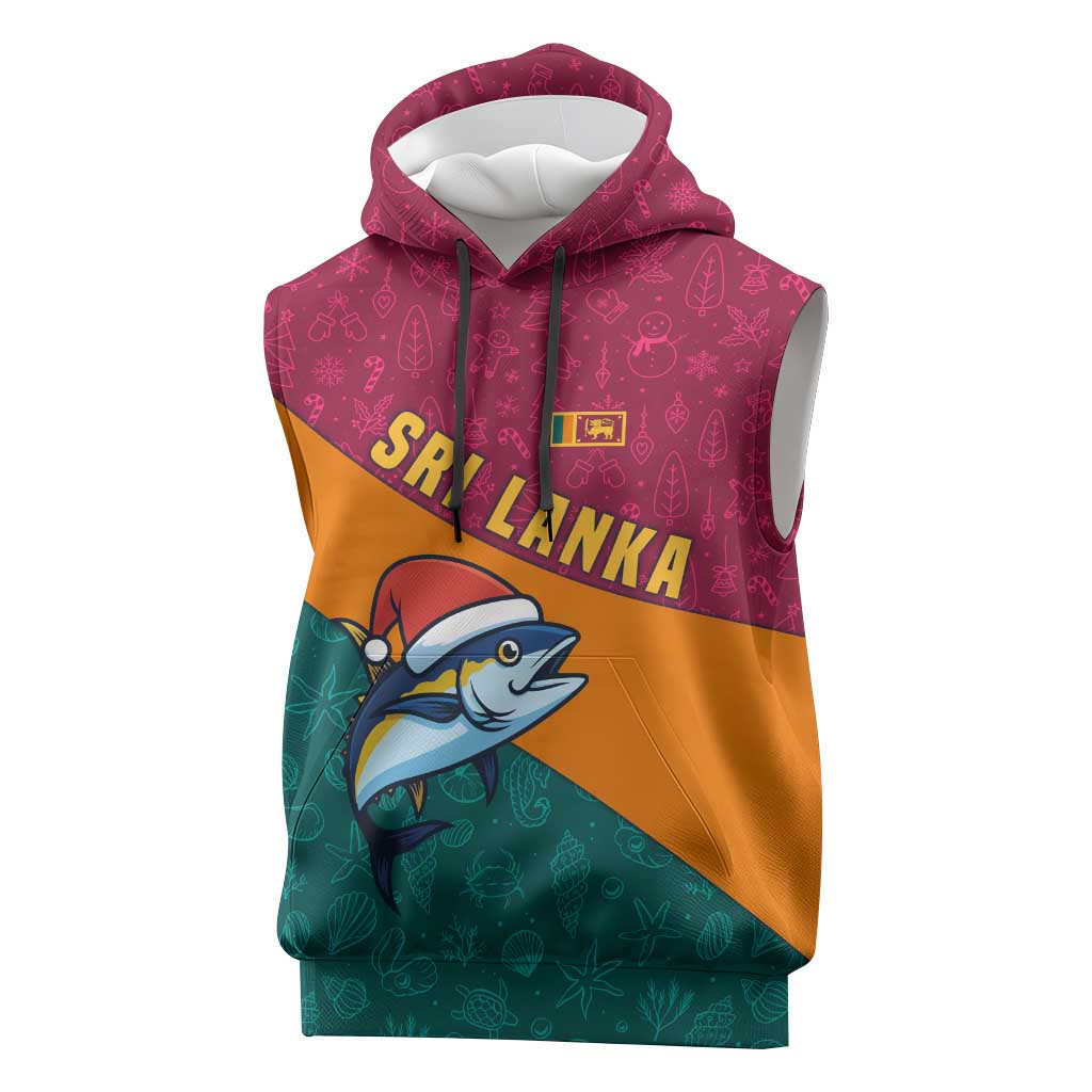 Sri Lanka Christmas Sleeveless Hoodie with Santa Hat Fish Ocean Icons and Tri Color Festive Design - Wonder Print Shop