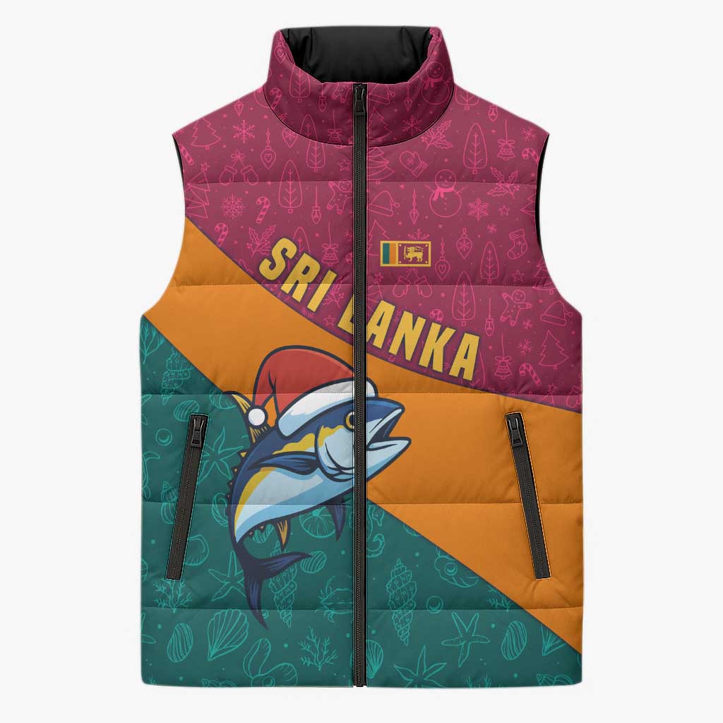 Sri Lanka Christmas Sleeveless Puffer Jacket with Santa Hat Fish Ocean Icons and Tri Color Festive Design - Wonder Print Shop