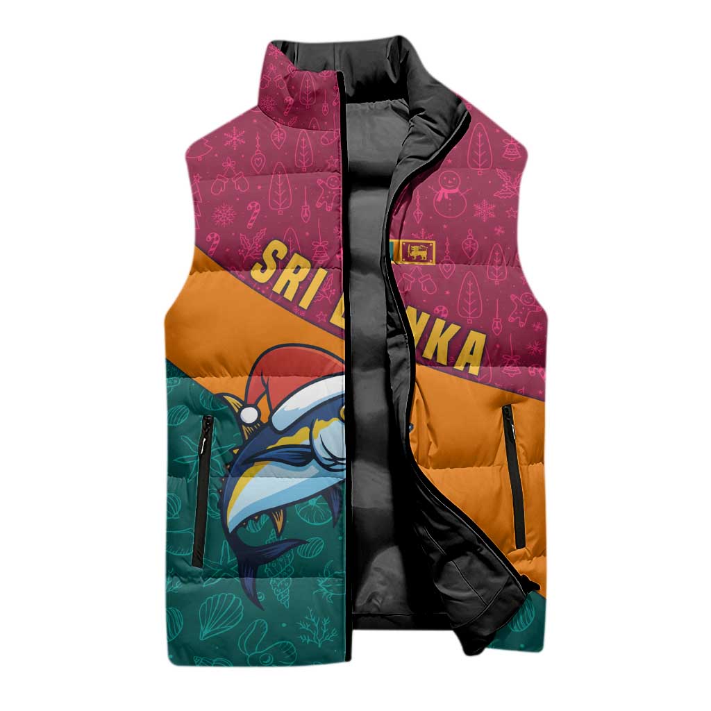 Sri Lanka Christmas Sleeveless Puffer Jacket with Santa Hat Fish Ocean Icons and Tri Color Festive Design - Wonder Print Shop