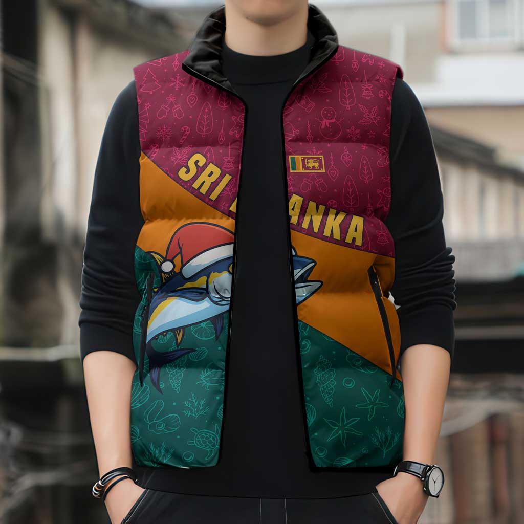 Sri Lanka Christmas Sleeveless Puffer Jacket with Santa Hat Fish Ocean Icons and Tri Color Festive Design - Wonder Print Shop