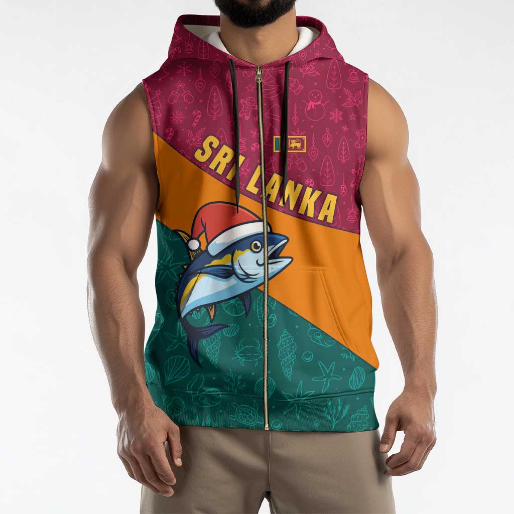 Sri Lanka Christmas Sleeveless Zip Hoodie with Santa Hat Fish Ocean Icons and Tri Color Festive Design - Wonder Print Shop