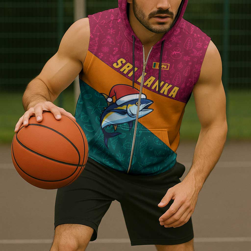 Sri Lanka Christmas Sleeveless Zip Hoodie with Santa Hat Fish Ocean Icons and Tri Color Festive Design - Wonder Print Shop