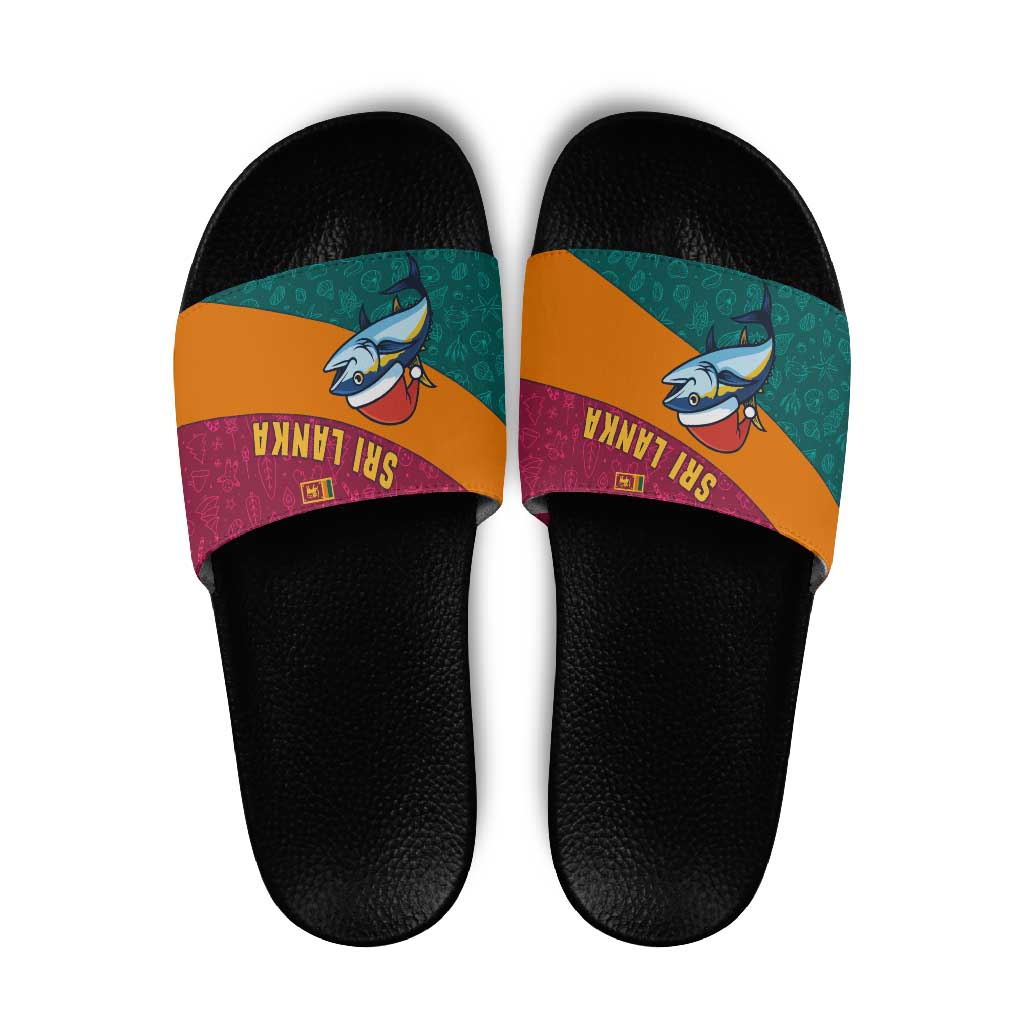 Sri Lanka Christmas Slide Sandals with Santa Hat Fish Ocean Icons and Tri Color Festive Design - Wonder Print Shop