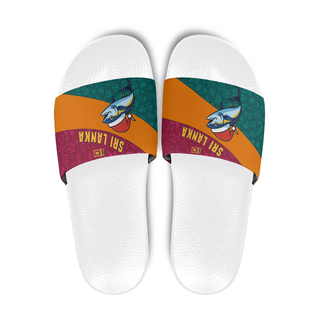 Sri Lanka Christmas Slide Sandals with Santa Hat Fish Ocean Icons and Tri Color Festive Design - Wonder Print Shop