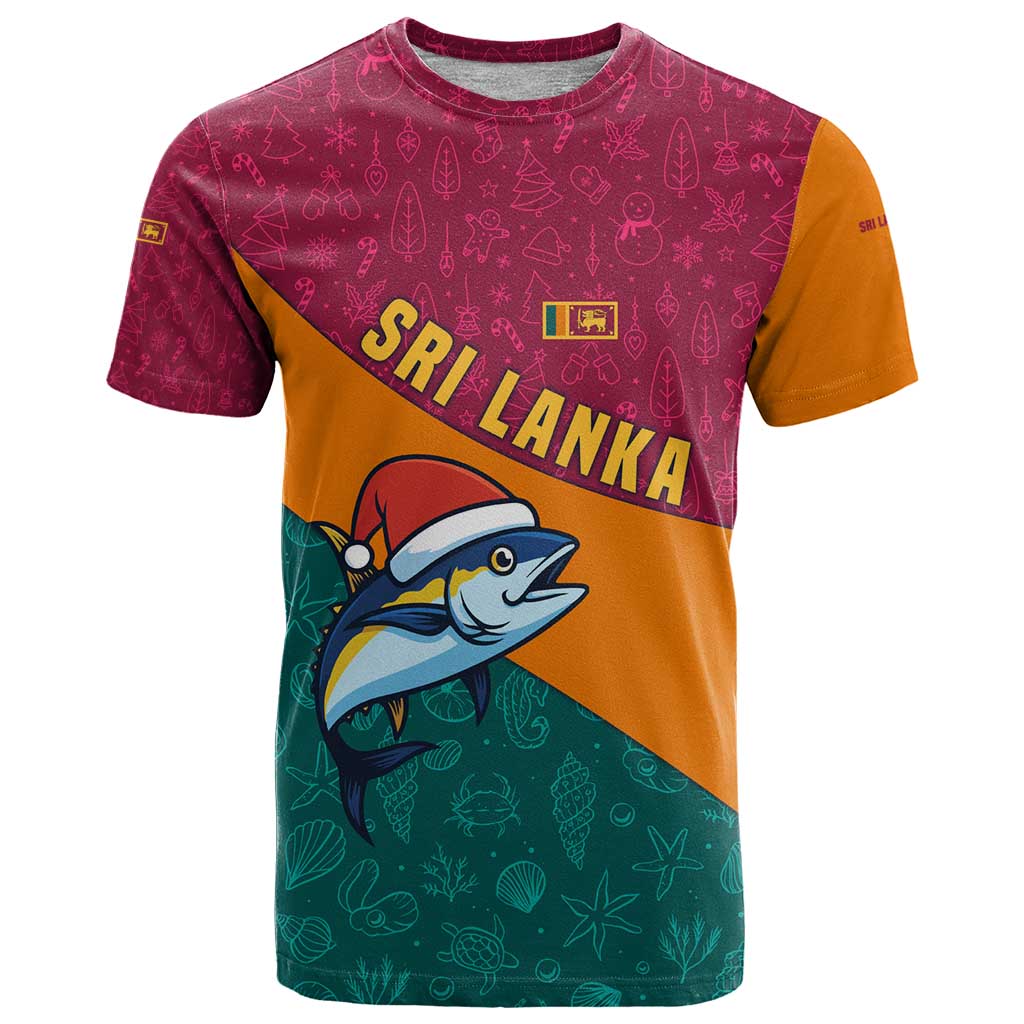 Sri Lanka Christmas T Shirt with Santa Hat Fish Ocean Icons and Tri Color Festive Design - Wonder Print Shop