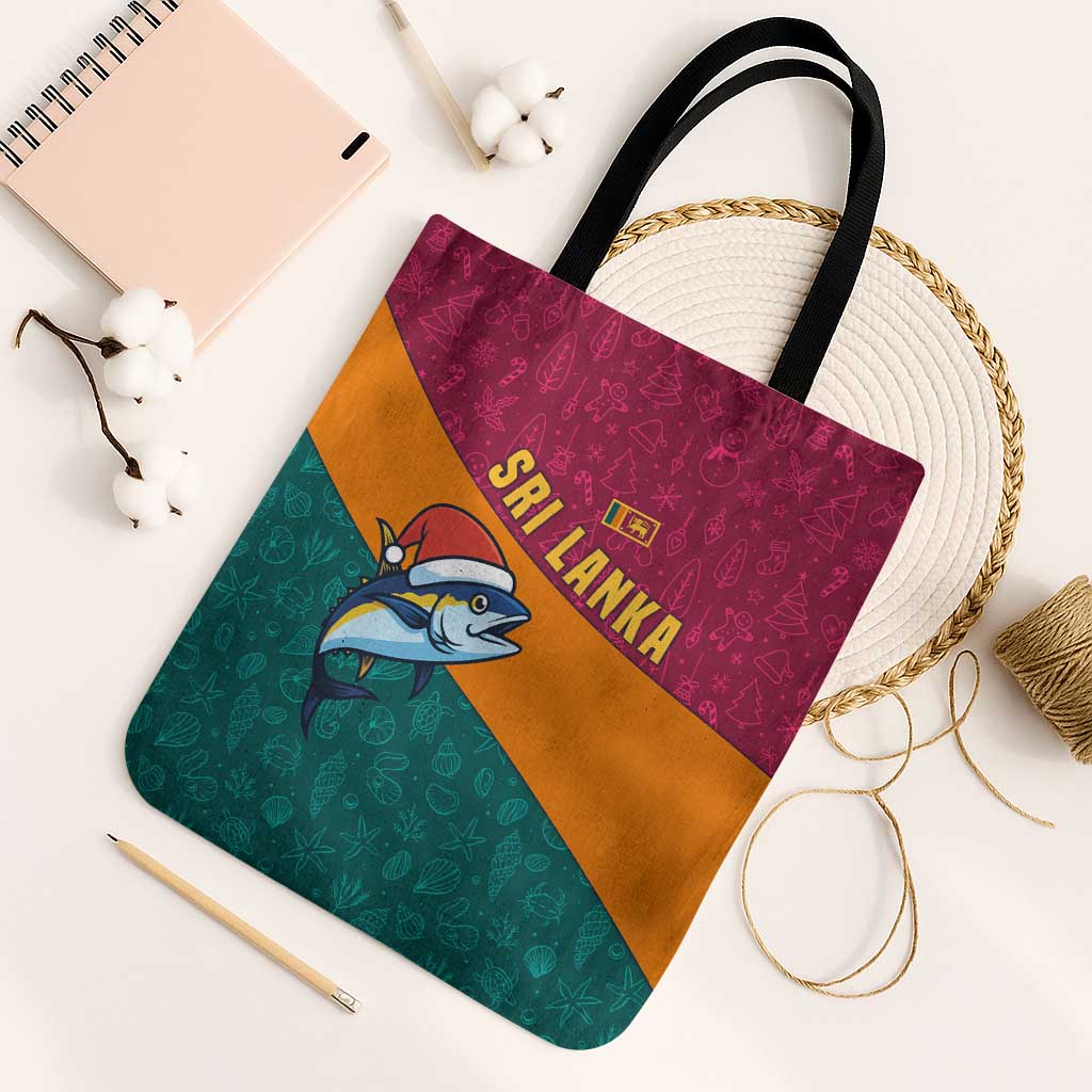Sri Lanka Christmas Tote Bag with Santa Hat Fish Ocean Icons and Tri Color Festive Design - Wonder Print Shop