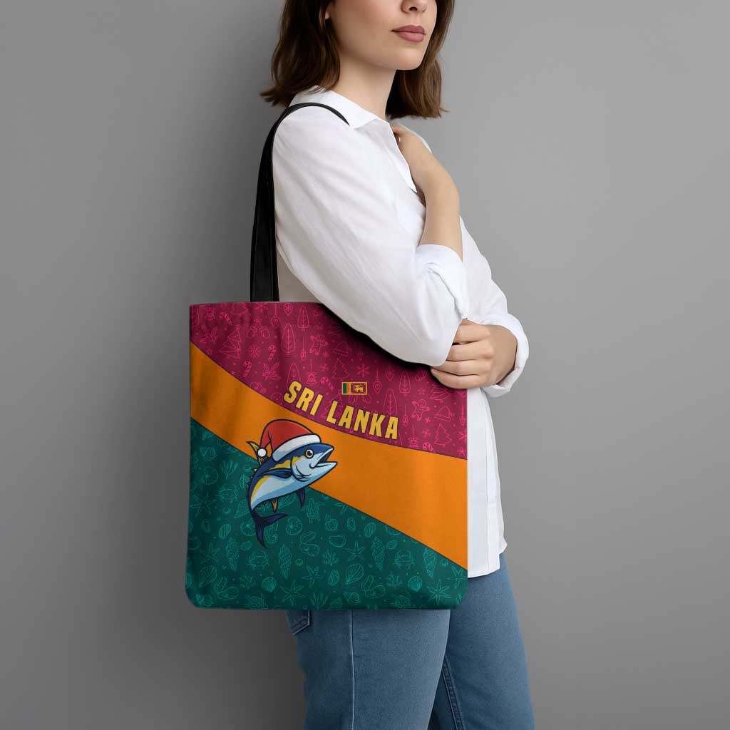 Sri Lanka Christmas Tote Bag with Santa Hat Fish Ocean Icons and Tri Color Festive Design - Wonder Print Shop