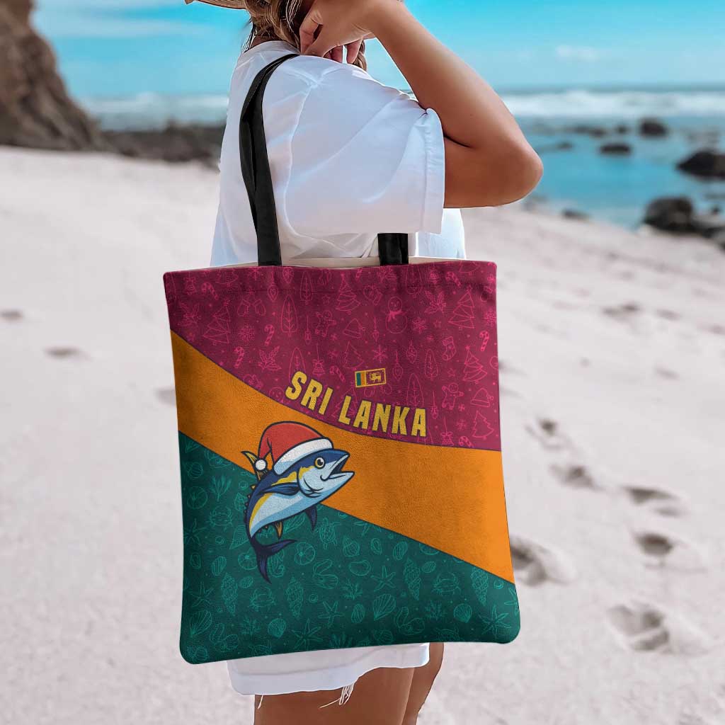 Sri Lanka Christmas Tote Bag with Santa Hat Fish Ocean Icons and Tri Color Festive Design - Wonder Print Shop