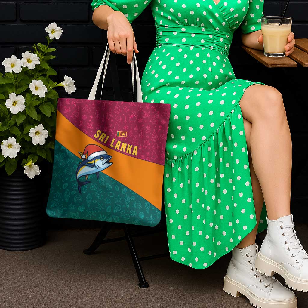 Sri Lanka Christmas Tote Bag with Santa Hat Fish Ocean Icons and Tri Color Festive Design - Wonder Print Shop