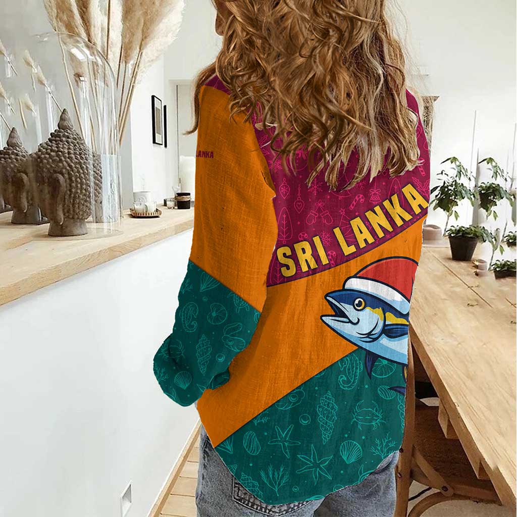 Sri Lanka Christmas Women Casual Shirt with Santa Hat Fish Ocean Icons and Tri Color Festive Design - Wonder Print Shop