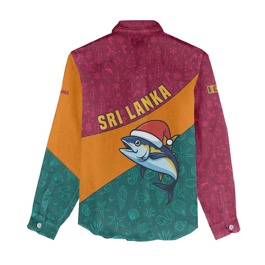 Sri Lanka Christmas Women Casual Shirt with Santa Hat Fish Ocean Icons and Tri Color Festive Design - Wonder Print Shop