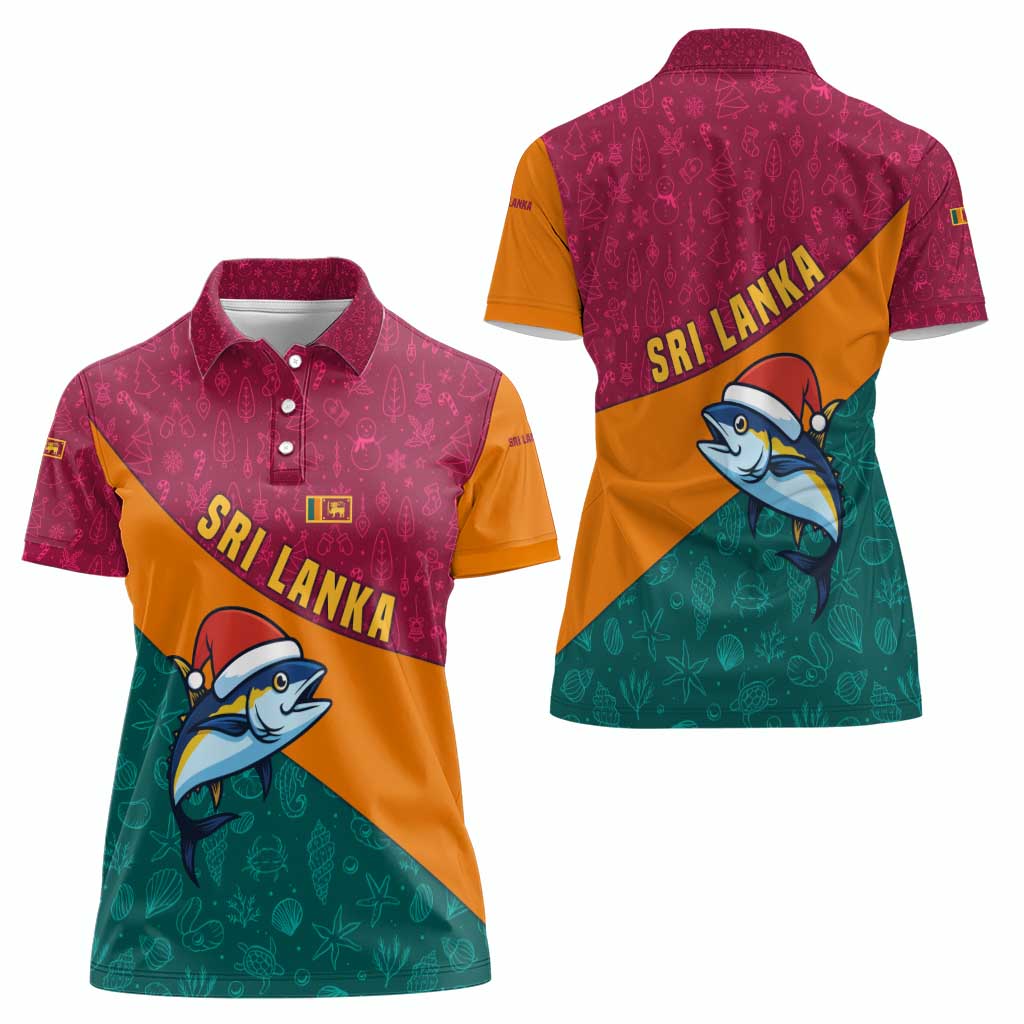 Sri Lanka Christmas Women Polo Shirt with Santa Hat Fish Ocean Icons and Tri Color Festive Design - Wonder Print Shop