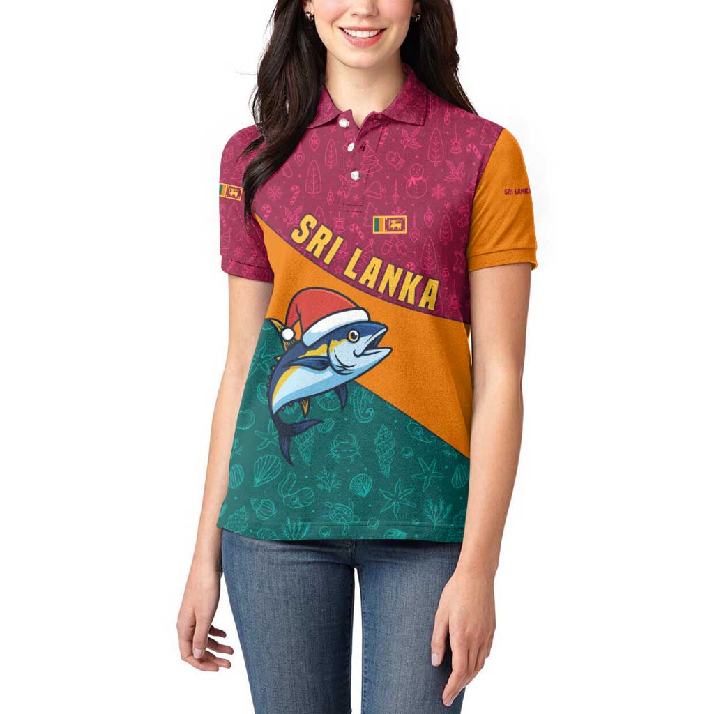 Sri Lanka Christmas Women Polo Shirt with Santa Hat Fish Ocean Icons and Tri Color Festive Design - Wonder Print Shop