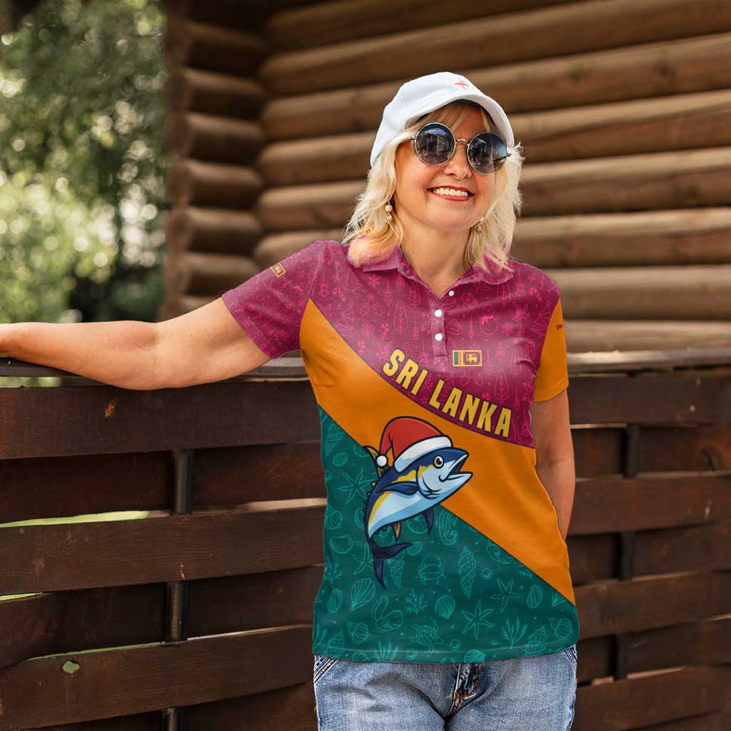 Sri Lanka Christmas Women Polo Shirt with Santa Hat Fish Ocean Icons and Tri Color Festive Design - Wonder Print Shop