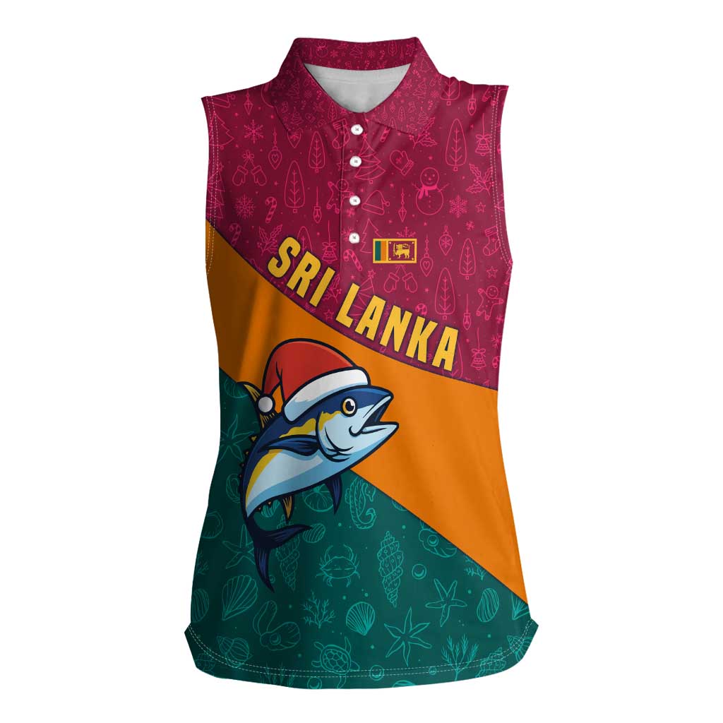 Sri Lanka Christmas Women Sleeveless Polo Shirt with Santa Hat Fish Ocean Icons and Tri Color Festive Design - Wonder Print Shop