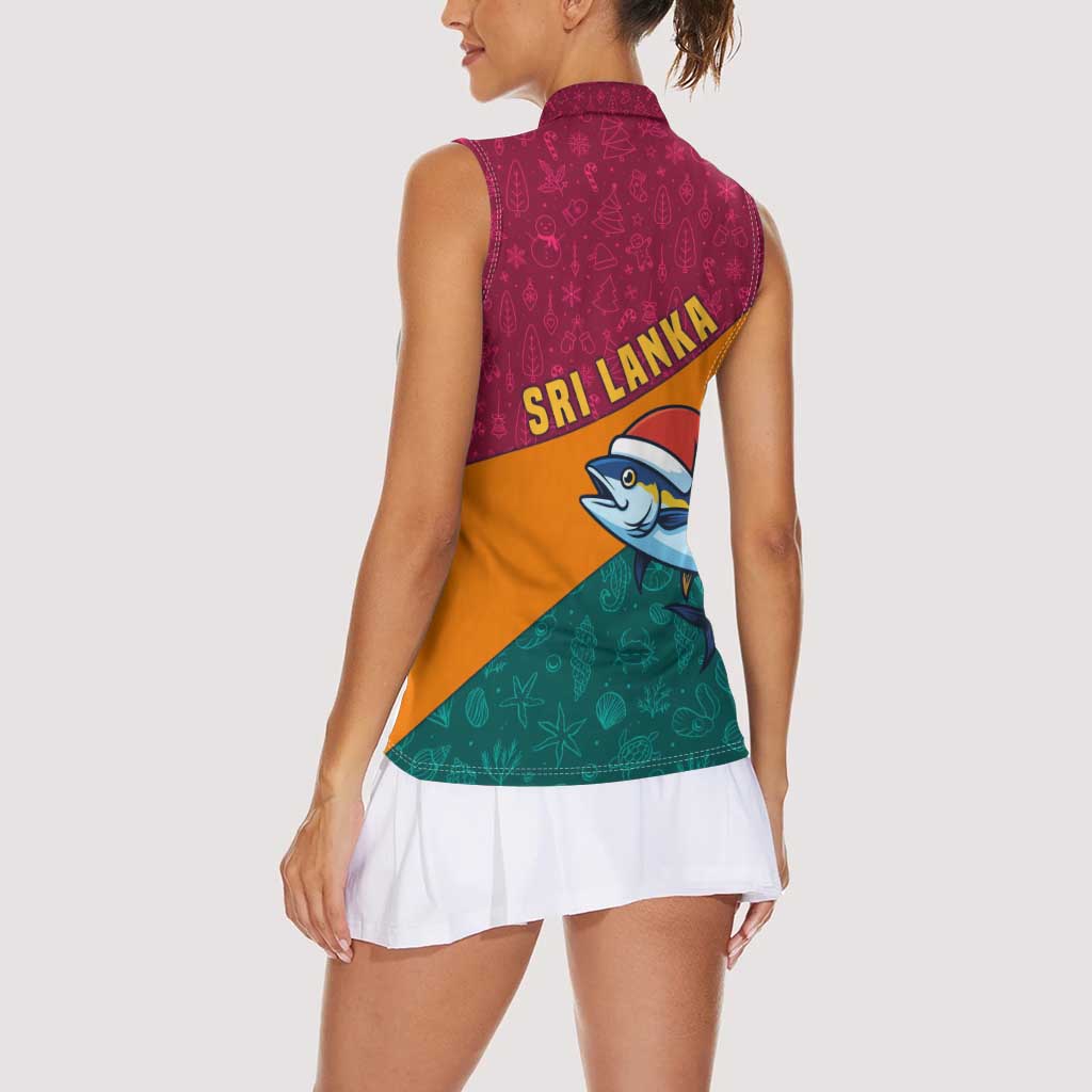 Sri Lanka Christmas Women Sleeveless Polo Shirt with Santa Hat Fish Ocean Icons and Tri Color Festive Design - Wonder Print Shop