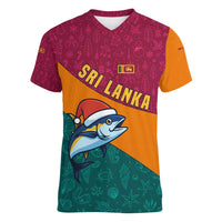 Sri Lanka Christmas Women V-Neck T-Shirt with Santa Hat Fish Ocean Icons and Tri Color Festive Design - Wonder Print Shop