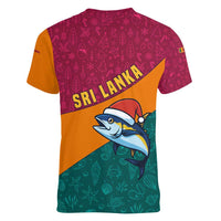 Sri Lanka Christmas Women V-Neck T-Shirt with Santa Hat Fish Ocean Icons and Tri Color Festive Design - Wonder Print Shop