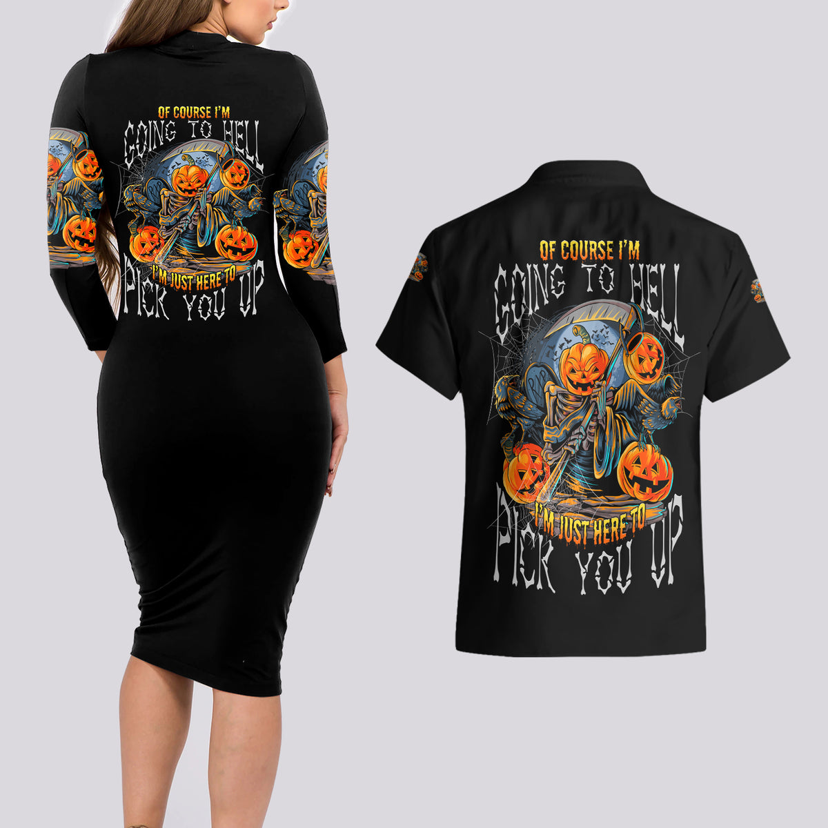 Of Course I'm Going To Hell Skull Pumpkin Halloween Couples Matching Long Sleeve Bodycon Dress and Hawaiian Shirt - Wonder Print Shop