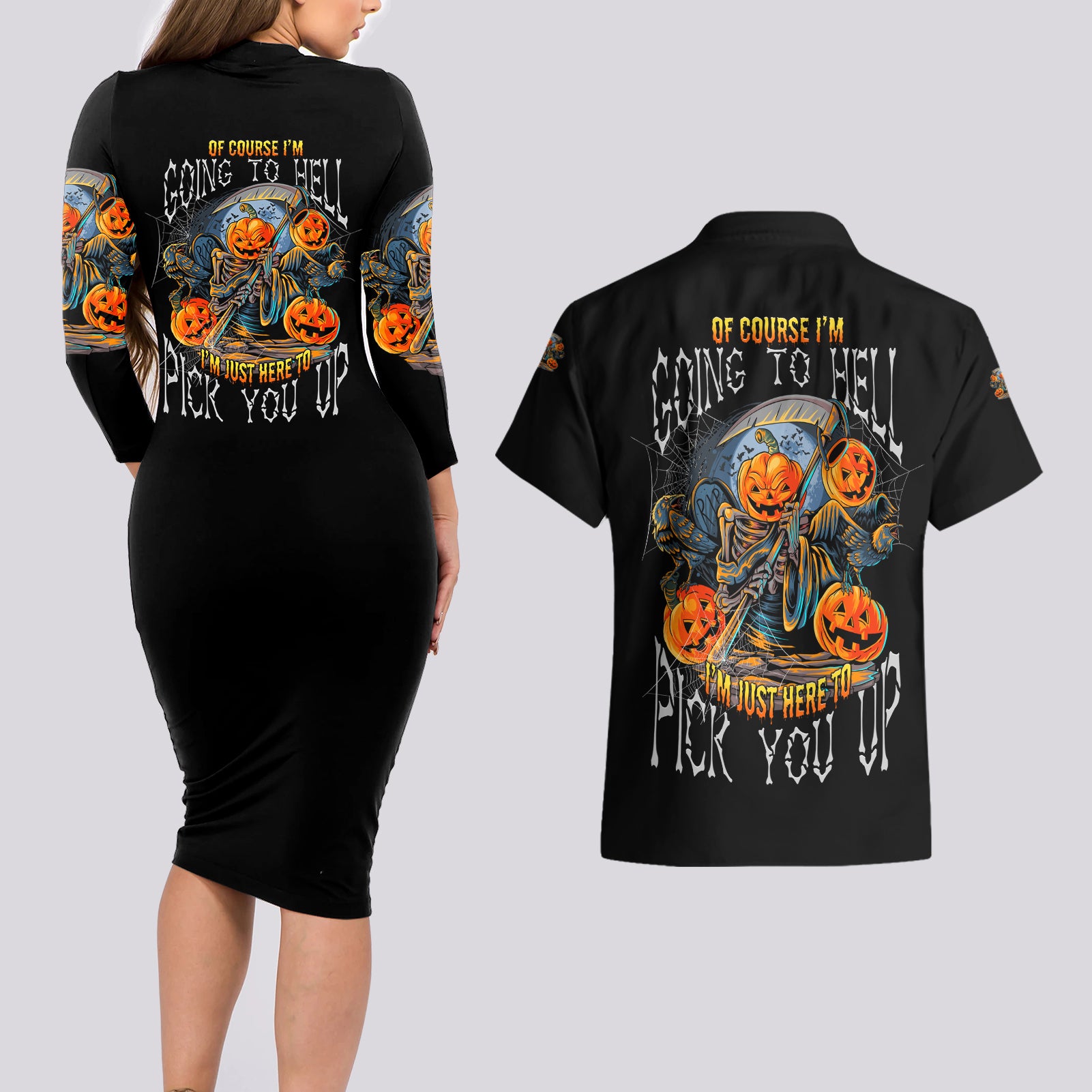 Of Course I'm Going To Hell Skull Pumpkin Halloween Couples Matching Long Sleeve Bodycon Dress and Hawaiian Shirt - Wonder Print Shop