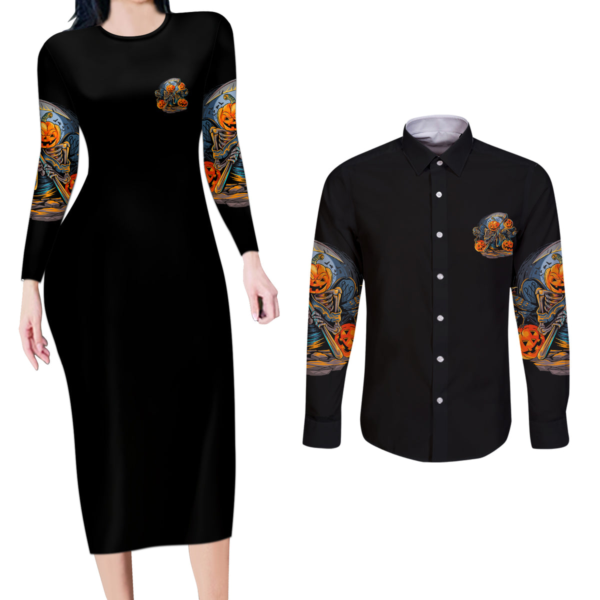 Of Course I'm Going To Hell Skull Pumpkin Halloween Couples Matching Long Sleeve Bodycon Dress and Long Sleeve Button Shirt - Wonder Print Shop