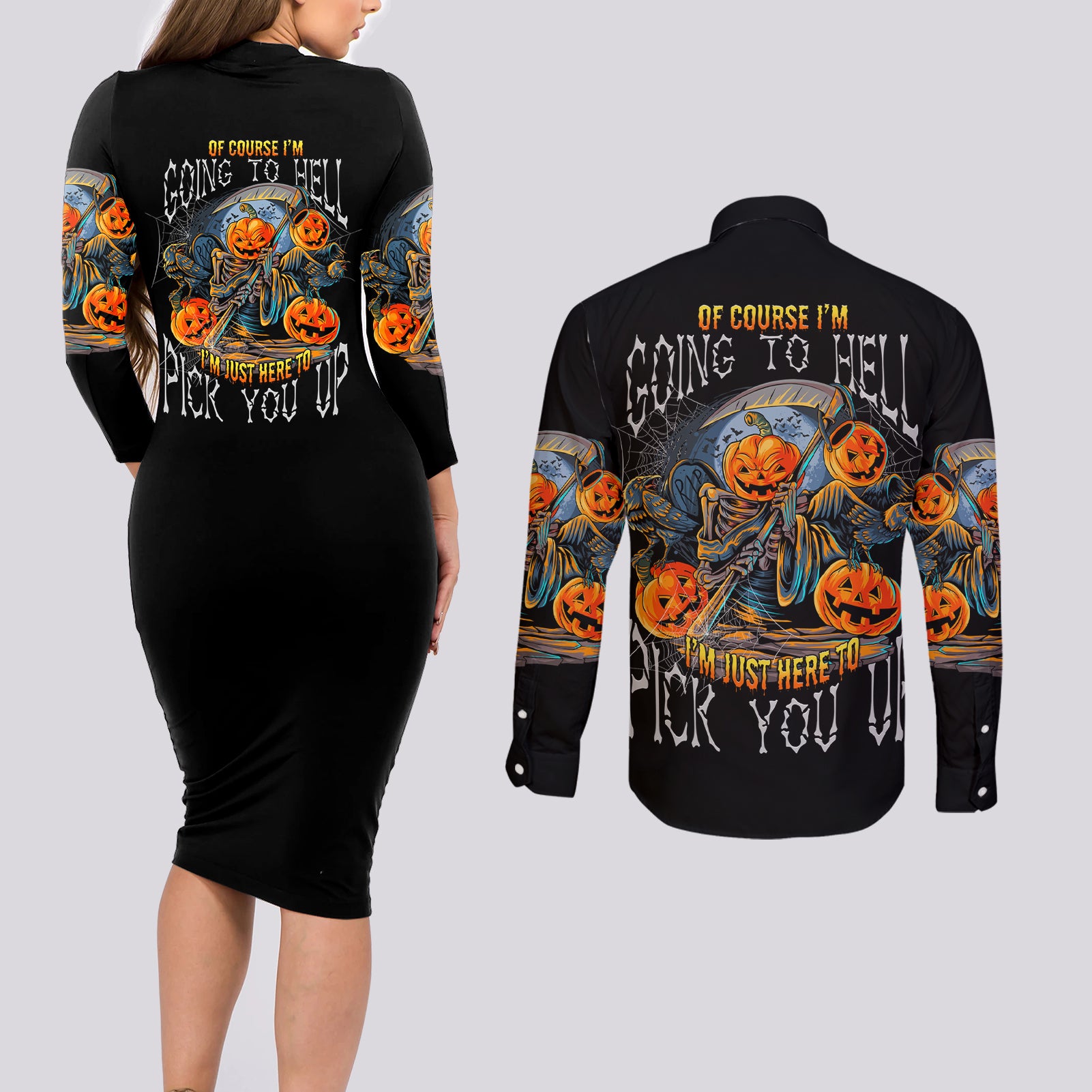 Of Course I'm Going To Hell Skull Pumpkin Halloween Couples Matching Long Sleeve Bodycon Dress and Long Sleeve Button Shirt - Wonder Print Shop