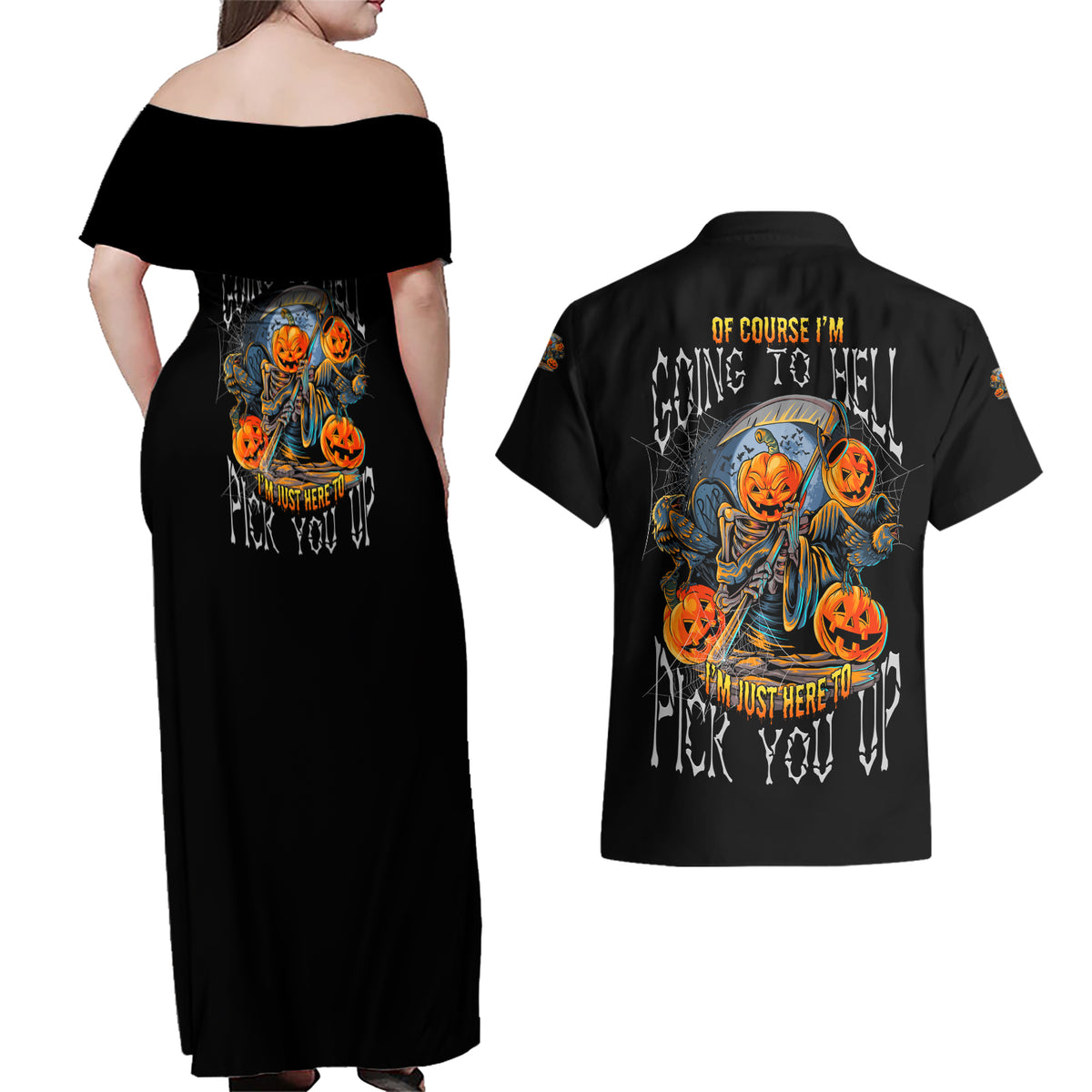 Of Course I'm Going To Hell Skull Pumpkin Halloween Couples Matching Off Shoulder Maxi Dress and Hawaiian Shirt - Wonder Print Shop
