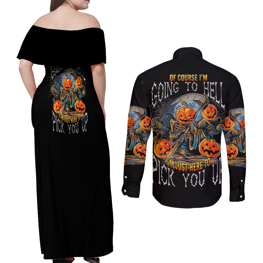 Of Course I'm Going To Hell Skull Pumpkin Halloween Couples Matching Off Shoulder Maxi Dress and Long Sleeve Button Shirt - Wonder Print Shop