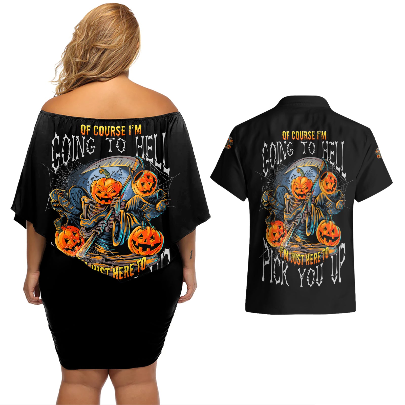 Of Course I'm Going To Hell Skull Pumpkin Halloween Couples Matching Off Shoulder Short Dress and Hawaiian Shirt - Wonder Print Shop