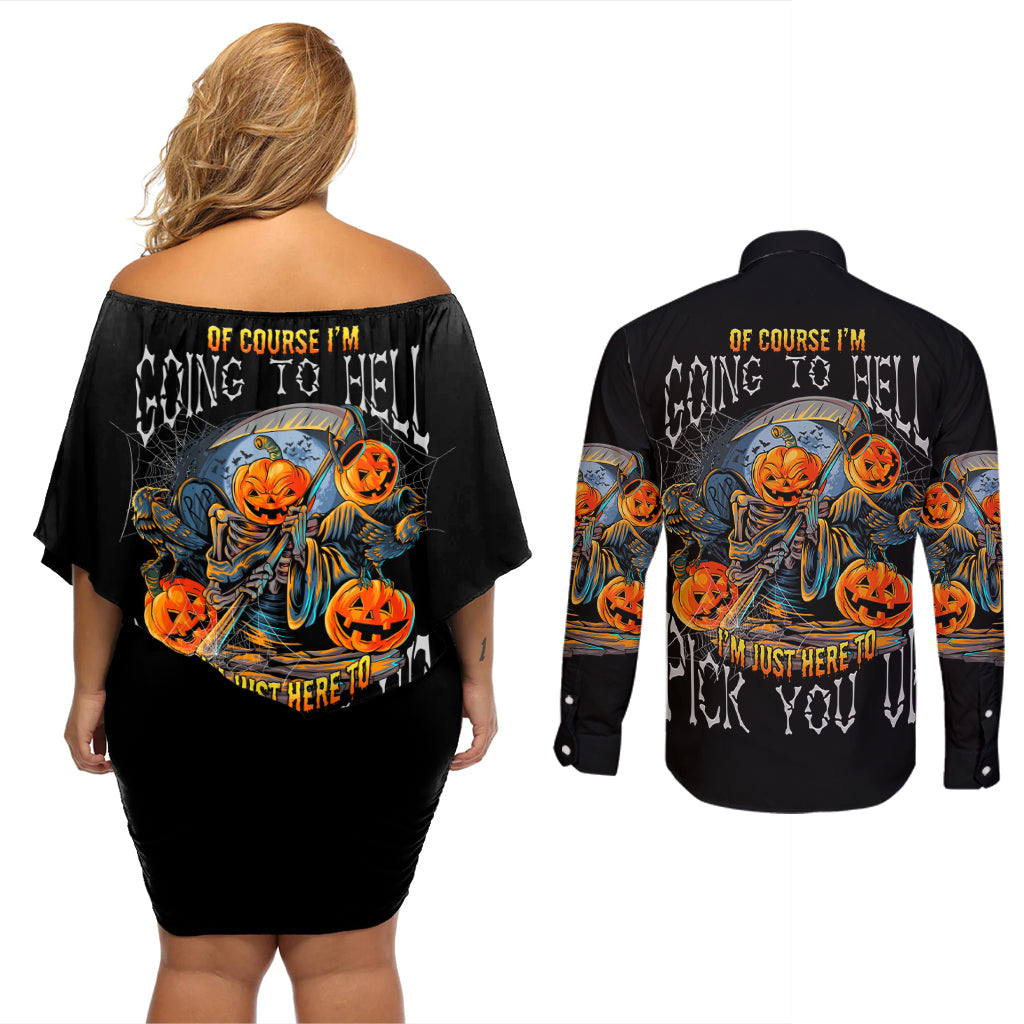 Of Course I'm Going To Hell Skull Pumpkin Halloween Couples Matching Off Shoulder Short Dress and Long Sleeve Button Shirt - Wonder Print Shop