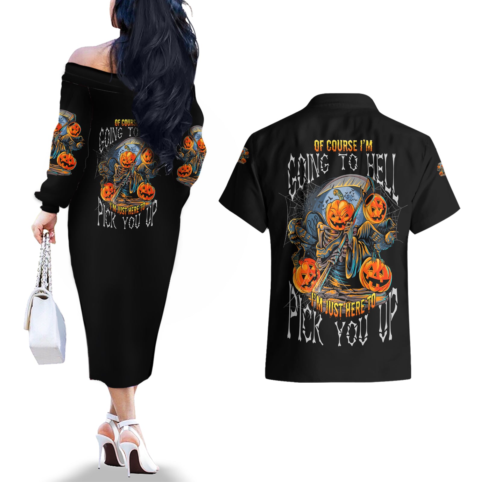 Of Course I'm Going To Hell Skull Pumpkin Halloween Couples Matching Off The Shoulder Long Sleeve Dress and Hawaiian Shirt - Wonder Print Shop