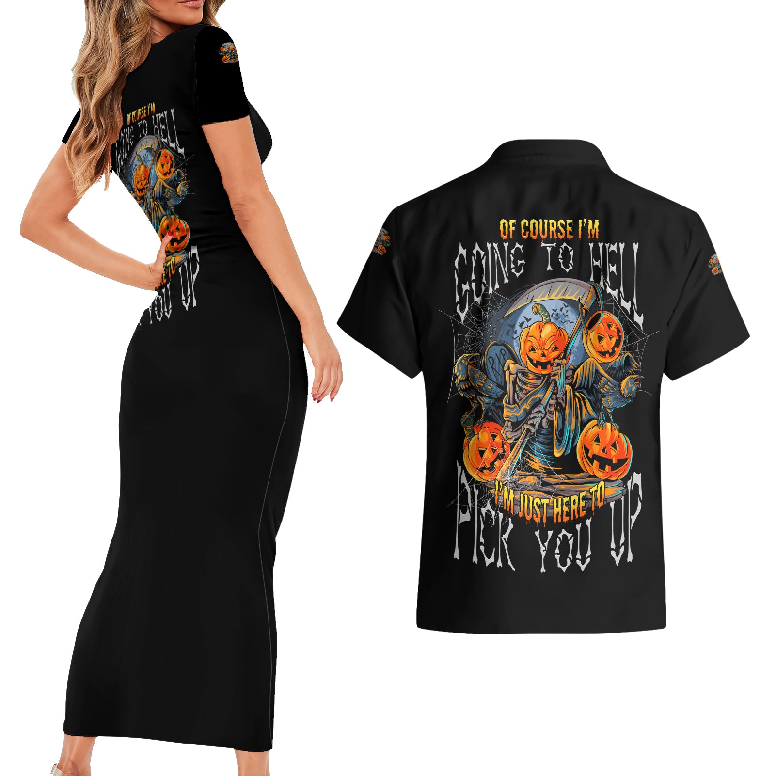 Of Course I'm Going To Hell Skull Pumpkin Halloween Couples Matching Short Sleeve Bodycon Dress and Hawaiian Shirt - Wonder Print Shop