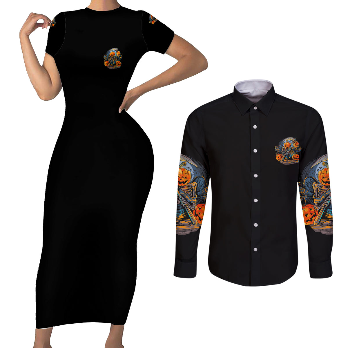 Of Course I'm Going To Hell Skull Pumpkin Halloween Couples Matching Short Sleeve Bodycon Dress and Long Sleeve Button Shirt - Wonder Print Shop