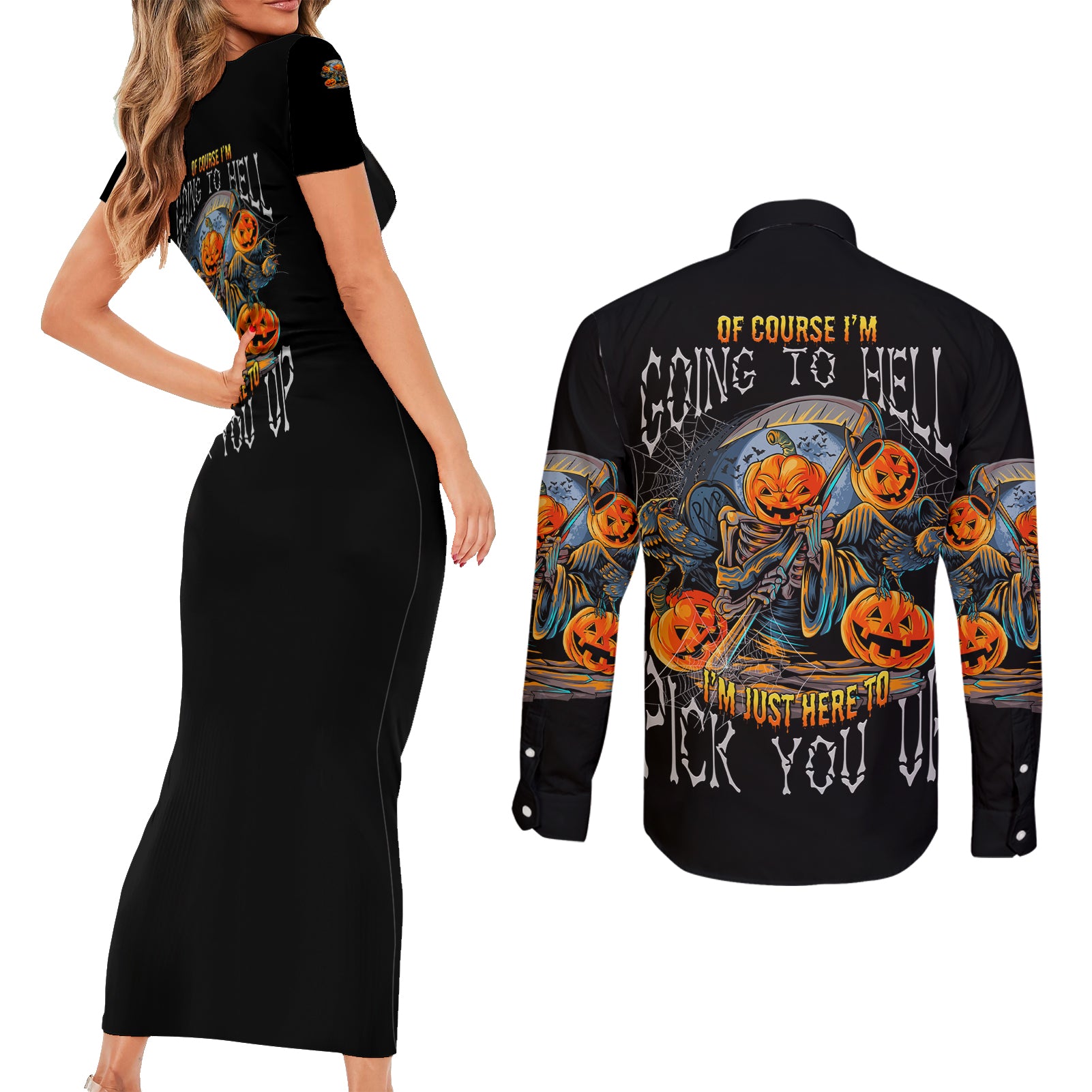 Of Course I'm Going To Hell Skull Pumpkin Halloween Couples Matching Short Sleeve Bodycon Dress and Long Sleeve Button Shirt - Wonder Print Shop