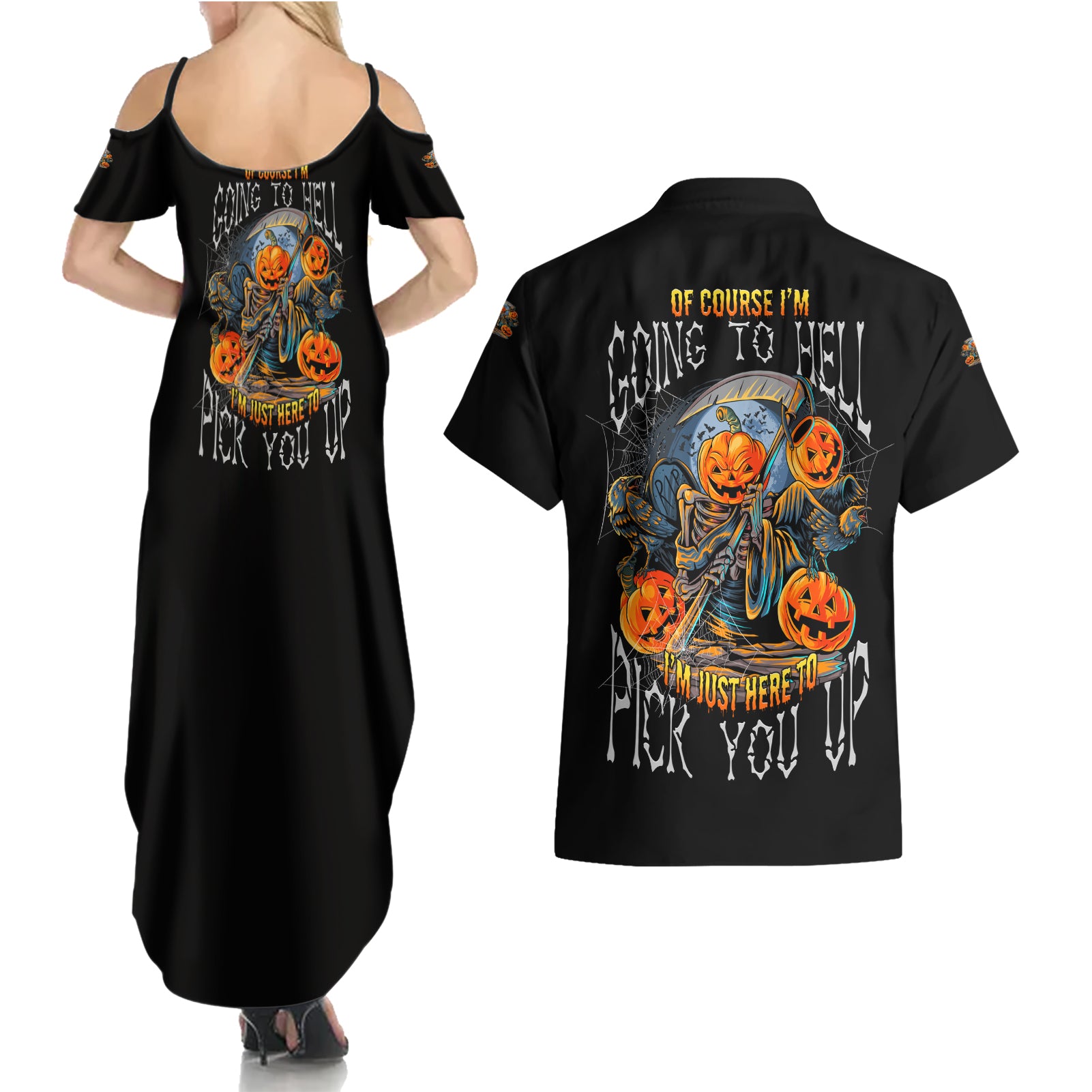 Of Course I'm Going To Hell Skull Pumpkin Halloween Couples Matching Summer Maxi Dress and Hawaiian Shirt - Wonder Print Shop