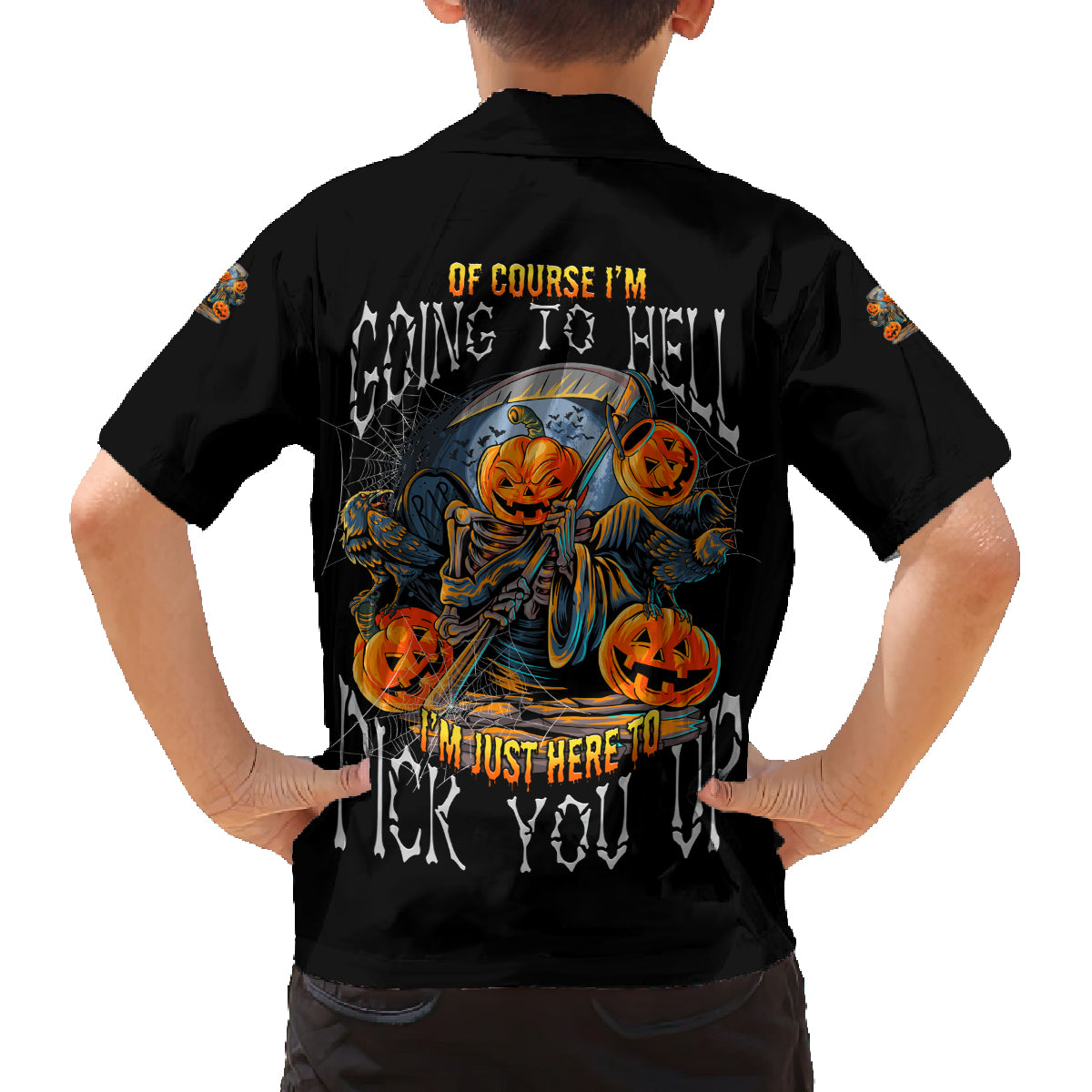 Of Course I'm Going To Hell Skull Pumpkin Halloween Family Matching Long Sleeve Bodycon Dress and Hawaiian Shirt - Wonder Print Shop