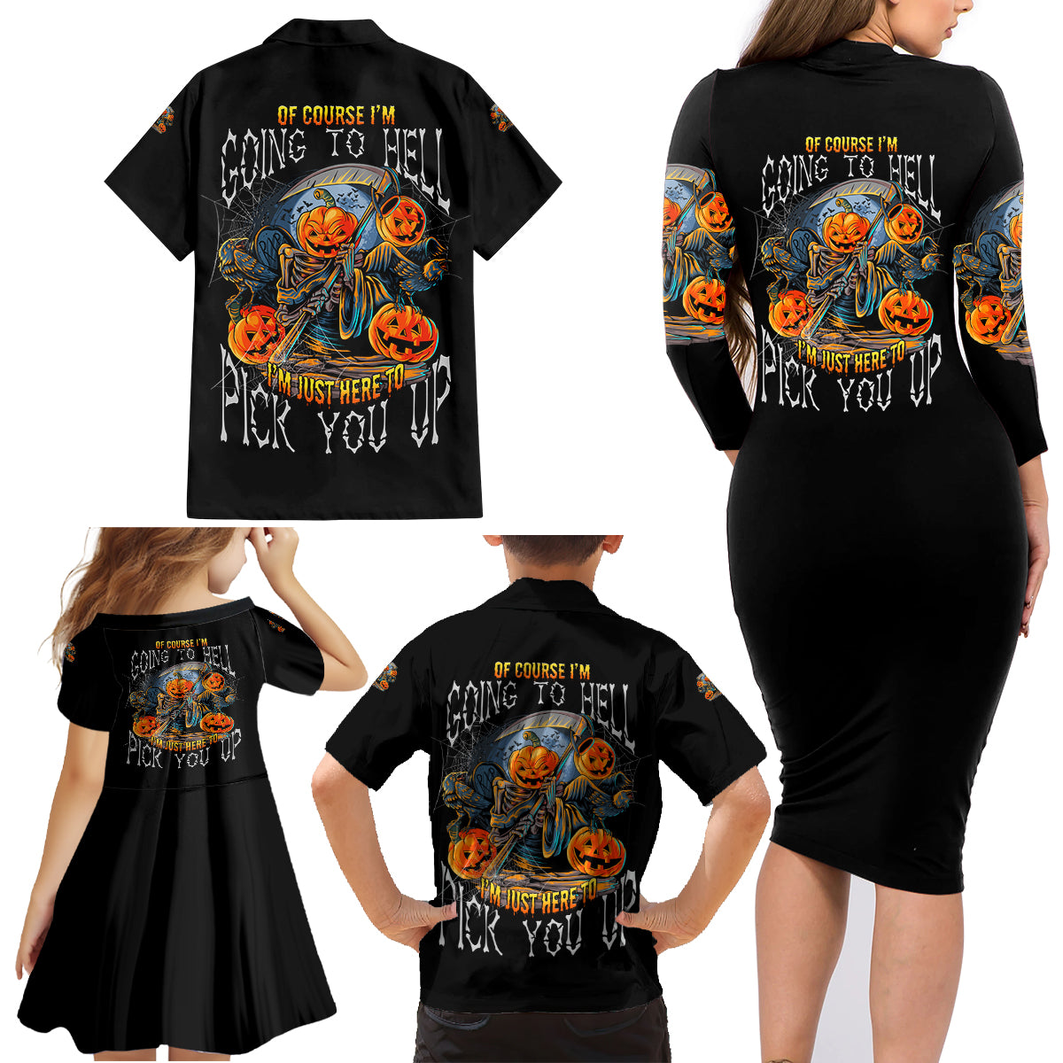 Of Course I'm Going To Hell Skull Pumpkin Halloween Family Matching Long Sleeve Bodycon Dress and Hawaiian Shirt - Wonder Print Shop