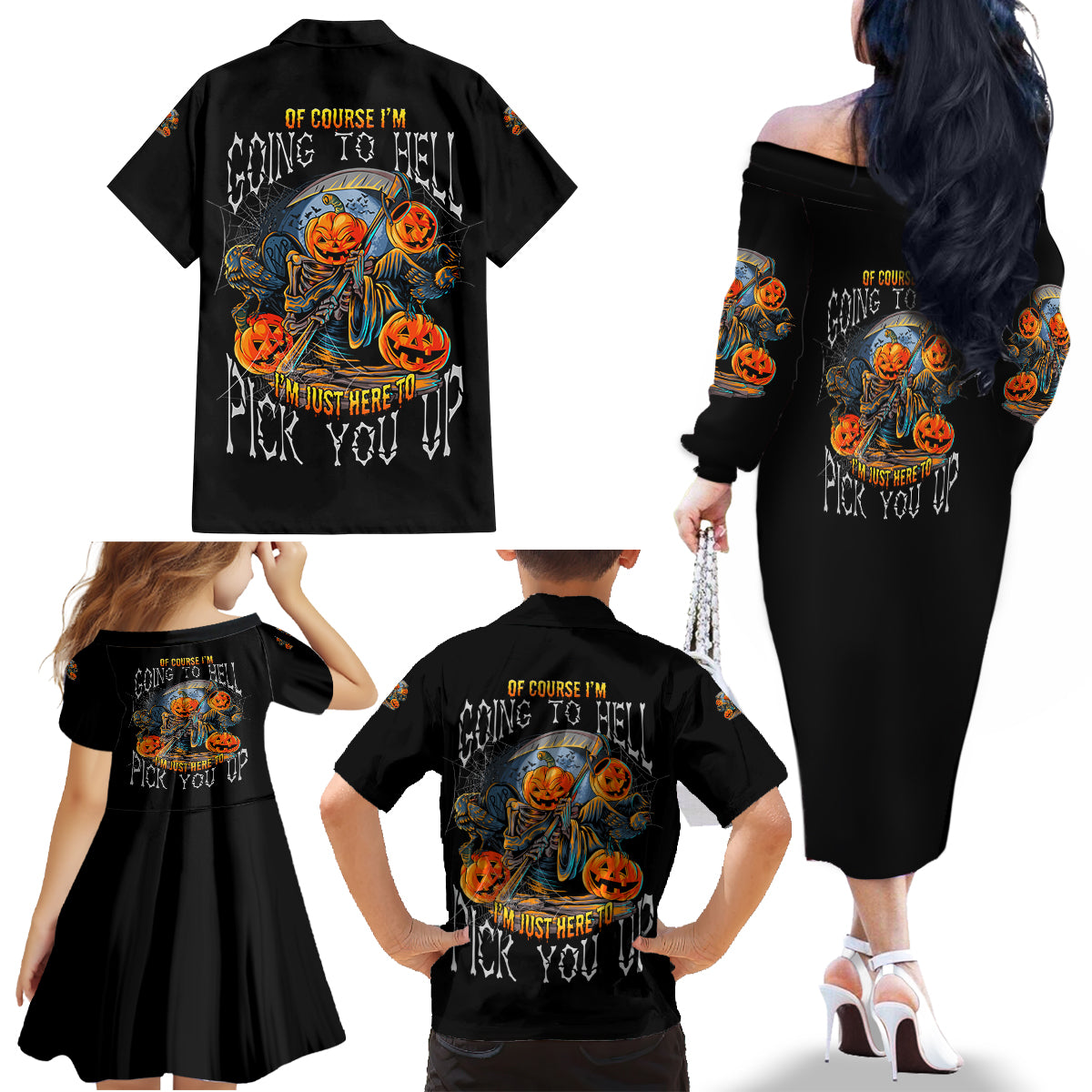 Of Course I'm Going To Hell Skull Pumpkin Halloween Family Matching Off Shoulder Long Sleeve Dress and Hawaiian Shirt - Wonder Print Shop