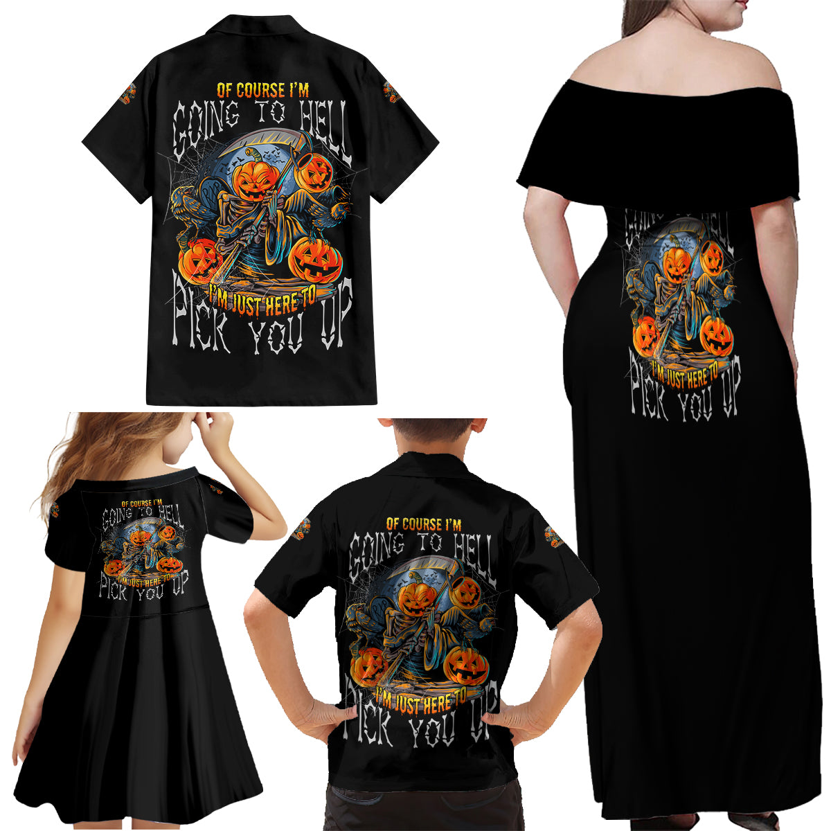 Of Course I'm Going To Hell Skull Pumpkin Halloween Family Matching Off Shoulder Maxi Dress and Hawaiian Shirt - Wonder Print Shop