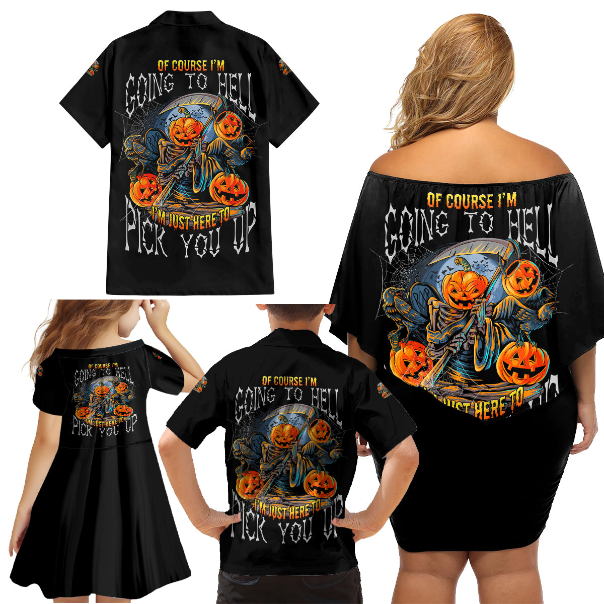 Of Course I'm Going To Hell Skull Pumpkin Halloween Family Matching Off Shoulder Short Dress and Hawaiian Shirt - Wonder Print Shop